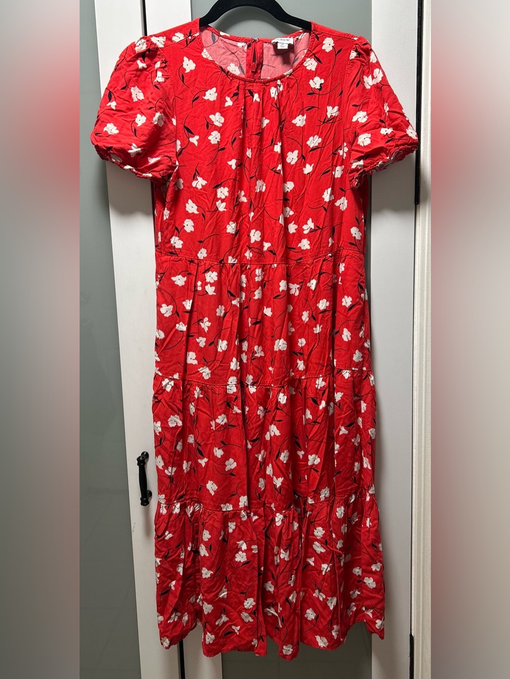 J.Crew Factory Red Floral Puff Sleeve Tiered Midi Dress Size Medium